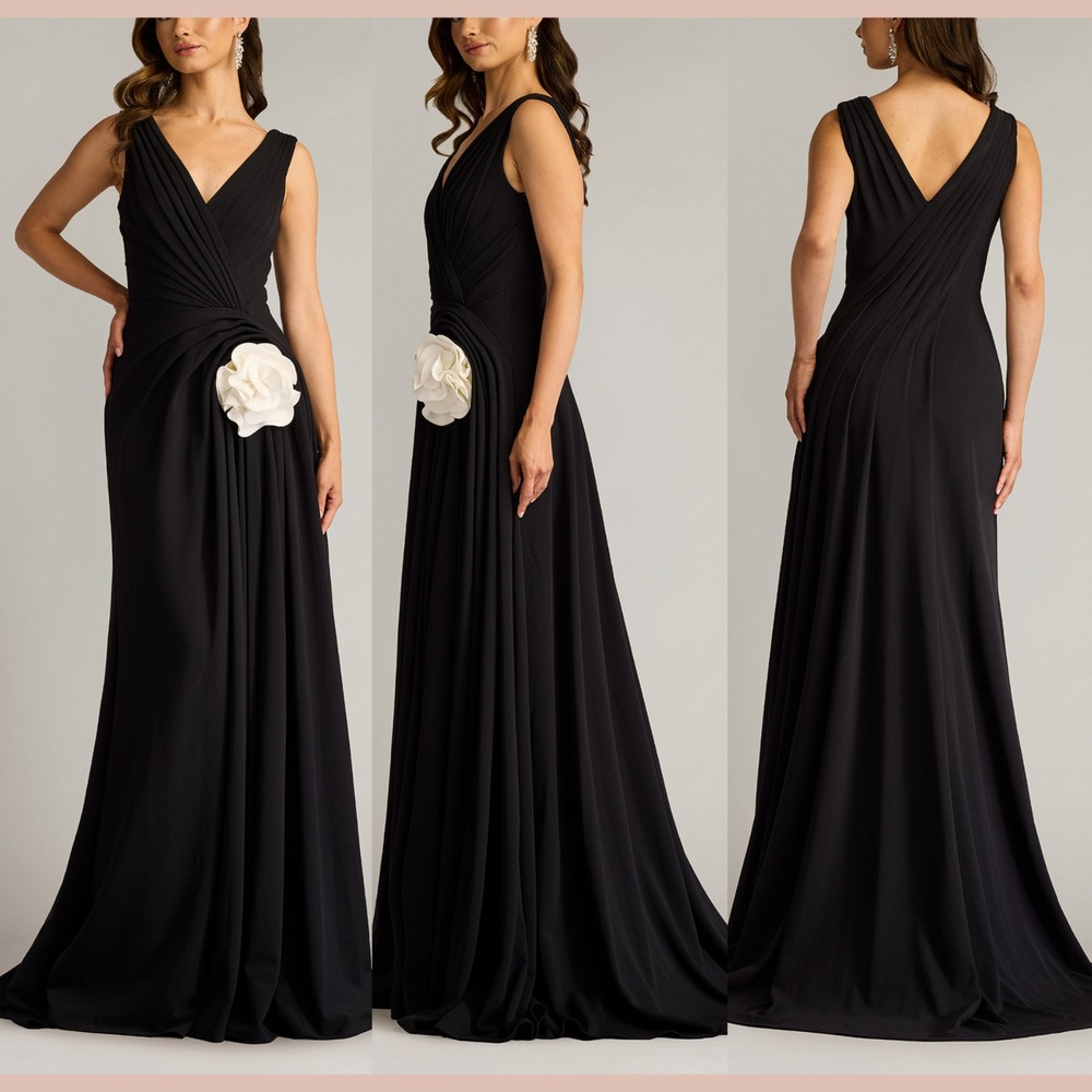 NEW $678 Tadashi Shoji [ Large ] Rosette Port‎ Pleated Crepe Gown Black J1990